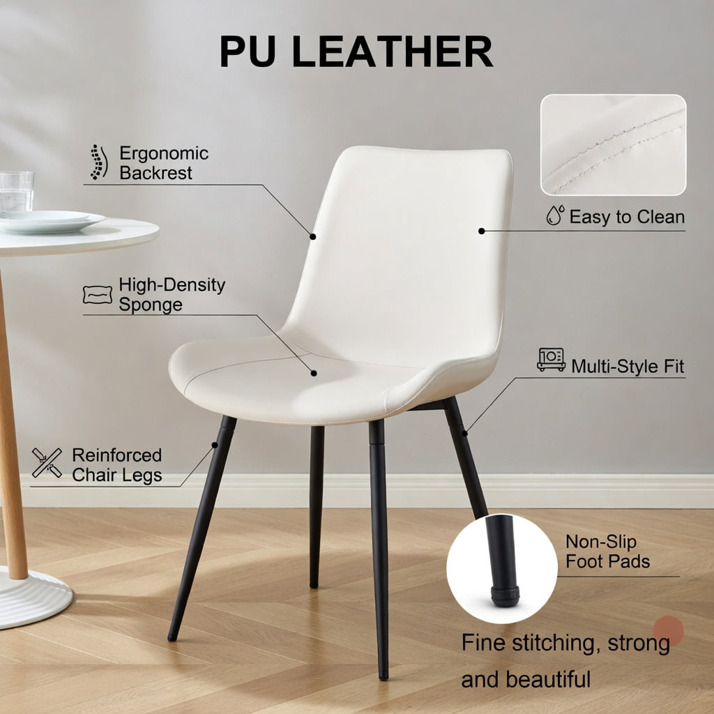 Hommoo 6-Pack Modern Faux Leather Dining Chairs with Metal Legs, Ergonomic Curved Cushion, Non-Slip Feet, Easy Assembly for Kitchen, Restaurant & Home Office, White