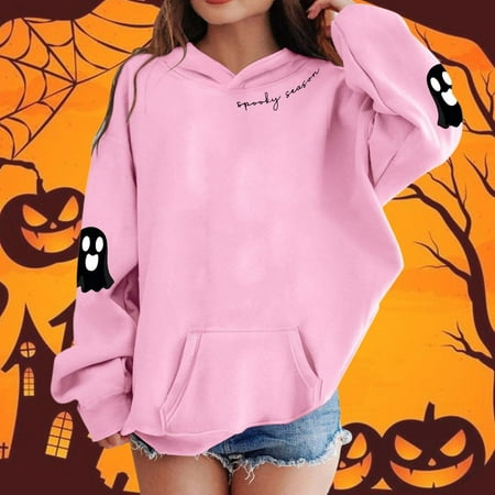 Wuxian Big Boys Halloween Sweatshirt Hooded Long Sleeve With Lovely Cartoon Pumpkin Skeleton Graphic Hoodieds Pullovers Cozy Soft Casual Fit Sport Shirt Pink 4-5 Years