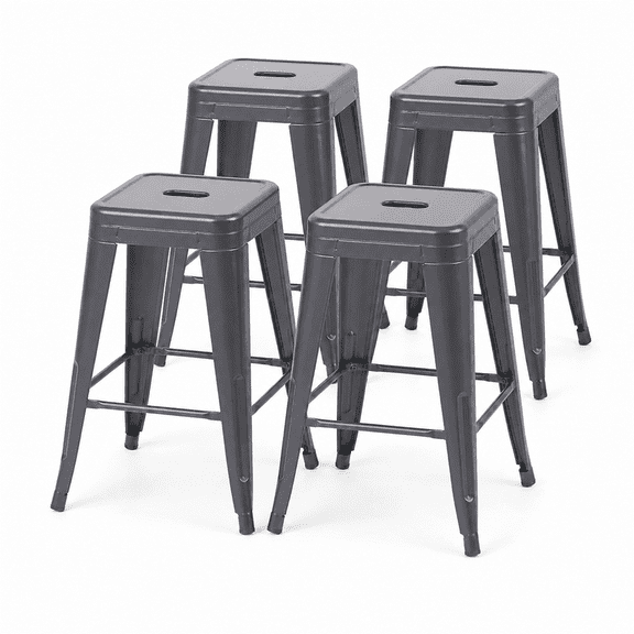 24 Inch Backless Metal Counter Stool Set of 4, Gray, Stackable with Carry Hole and Footrest