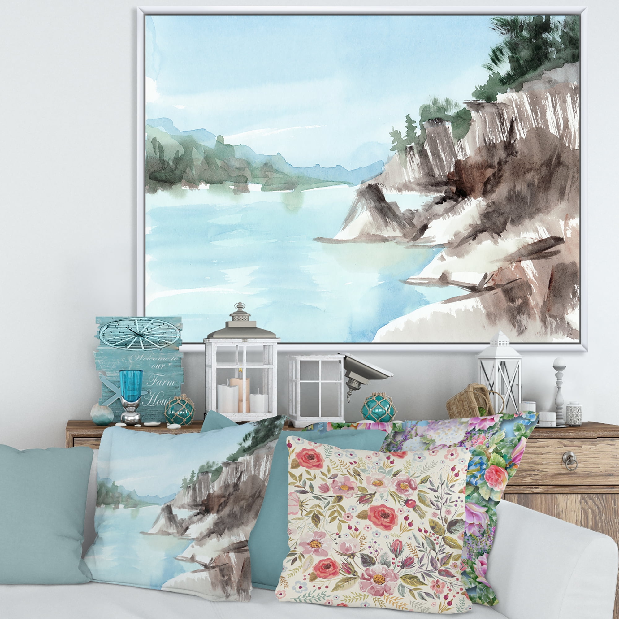 Designart 'Rocks With The Blue Lake' Lake House Framed Canvas Wall Art Print