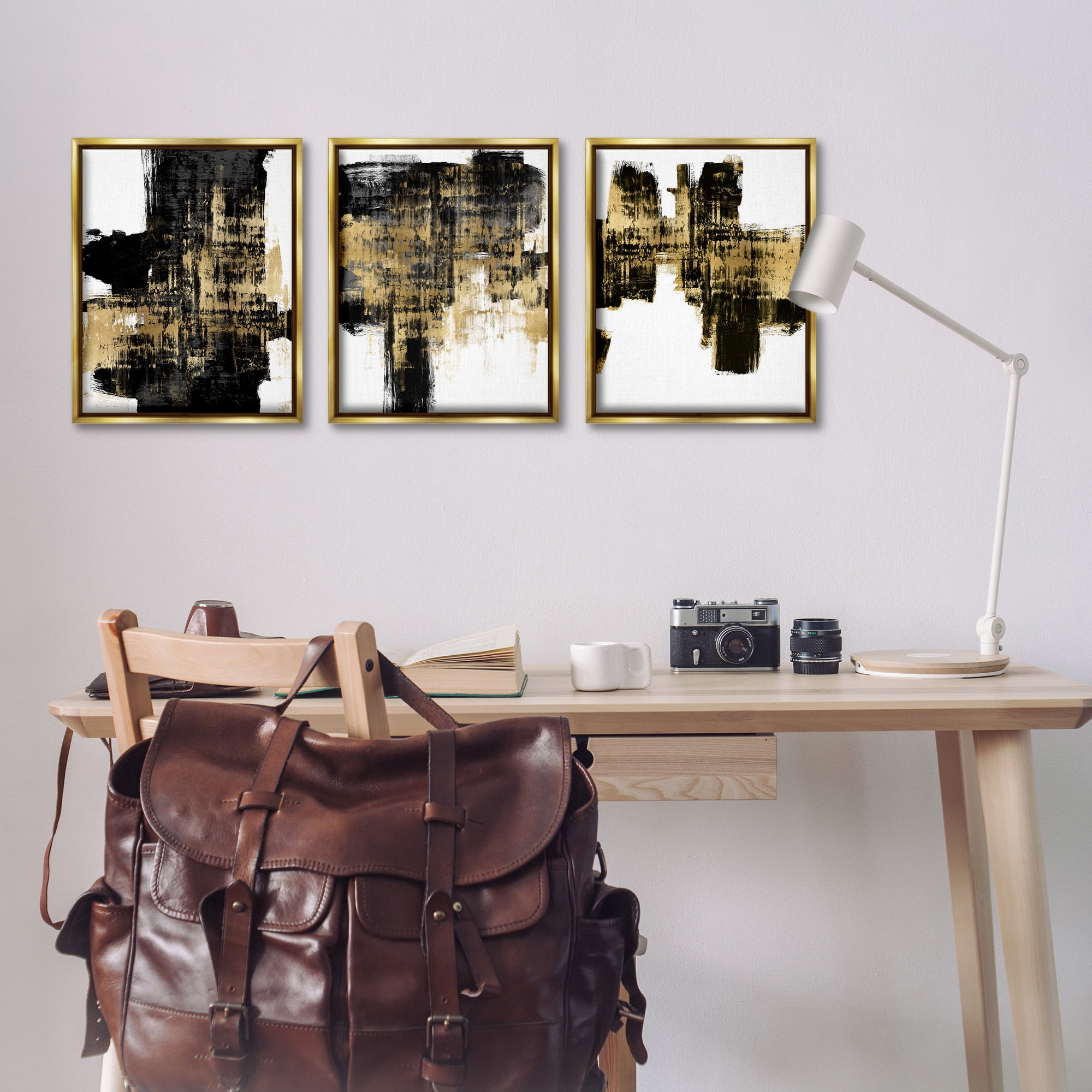 Stupell Industries Bold Black Brushstrokes with Gold Abstract Painting Gold Floater Framed Canvas Art Print Wall Art, 17 x 21, Set of 3