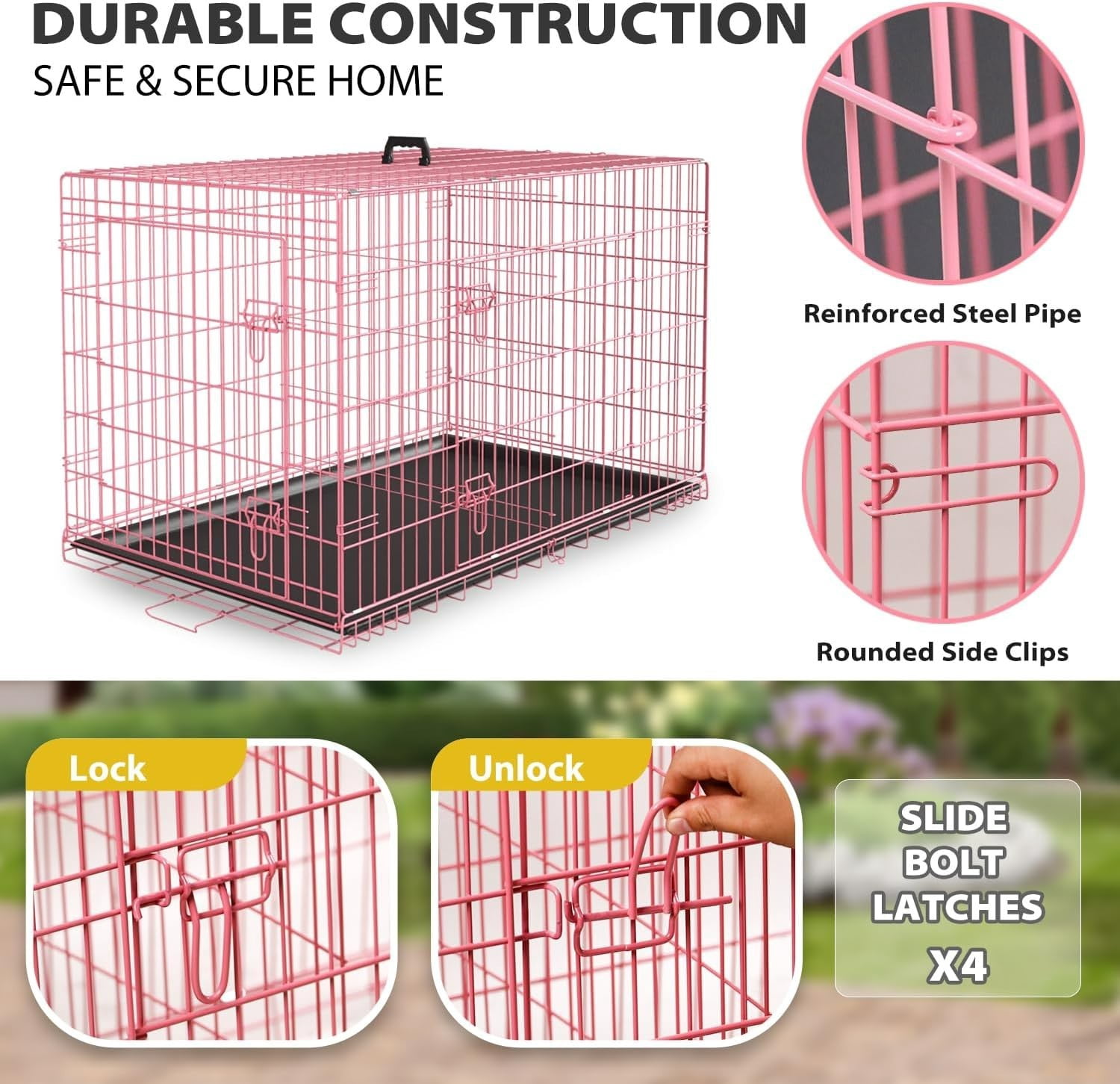 Extra Large Dog Crate Dog Kennel Cage with Double Door,48 inch Folding Metal Wire Dog Cage with Removable Tray&Divider Panel,Pet Crate for Large Dogs,Pink