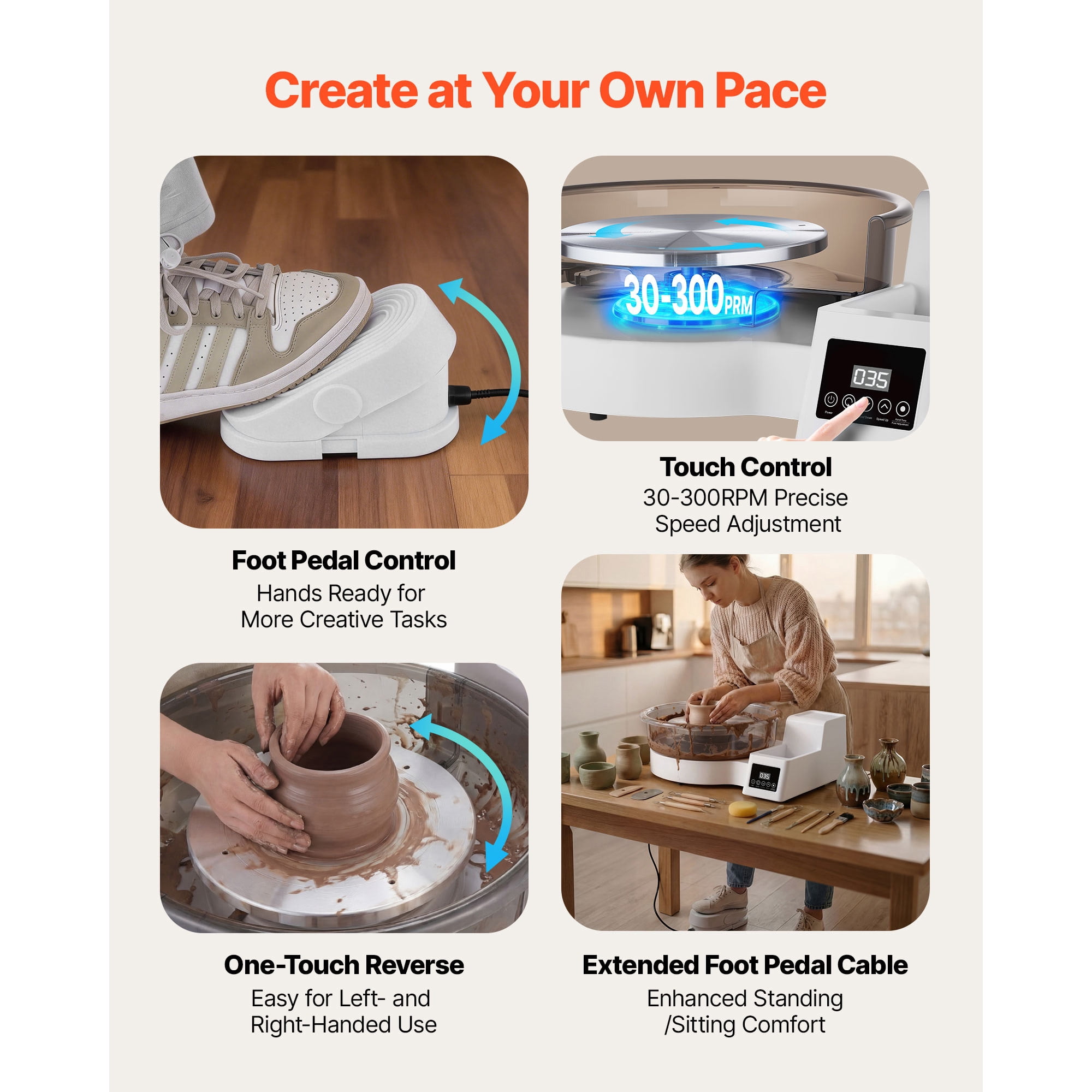 KFFKFF Electric Pottery Wheel for Adults, 14" and 11" Turntables, 450W Tabletop Wheel with Foot Pedal, Adjustable Speed 30-300 RPM, Removable Basin, Ideal for Beginners and DIY Clay Projects, White