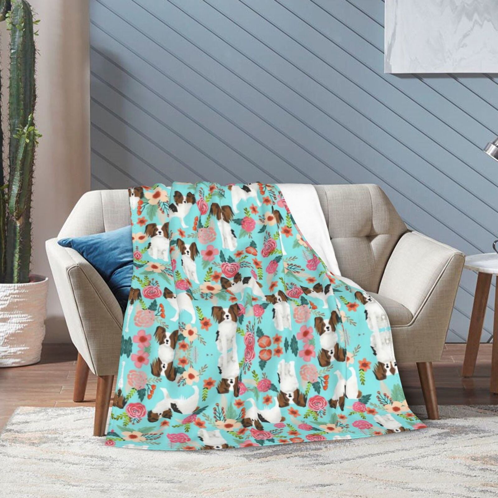 Wijzvio Papillon Dogs Lovers Flower Floral Throw Blanket Soft Fuzzy Fleece Blanket For Couch Bed Living Room Decoration 60"X50"