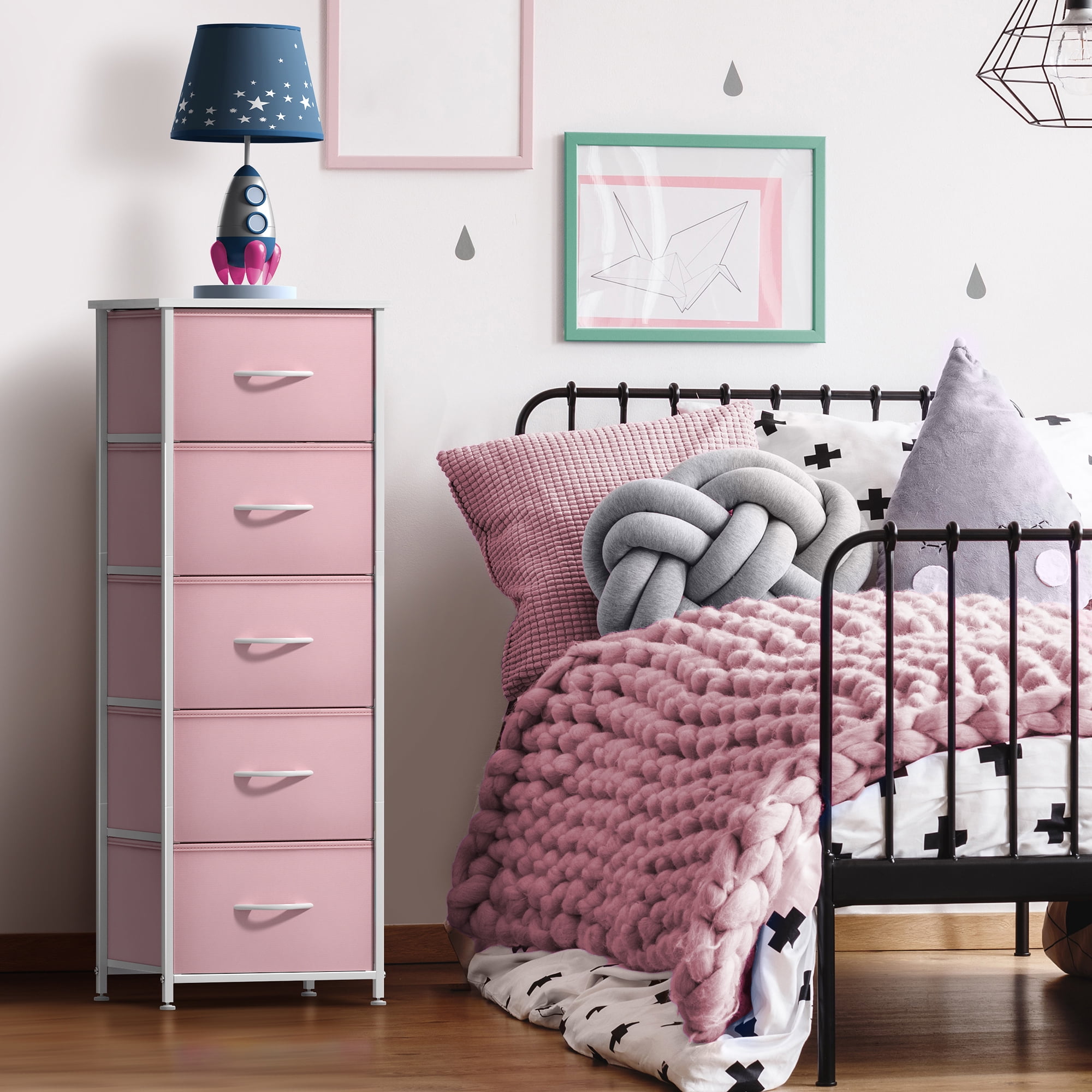Sorbus Fabric Dresser for Kids – 5-Drawer Storage Tower, Clothing Organizer for Bedroom, Closet, Playroom & Nursery – Steel Frame, Fabric Bins with Wood Handles, Pink