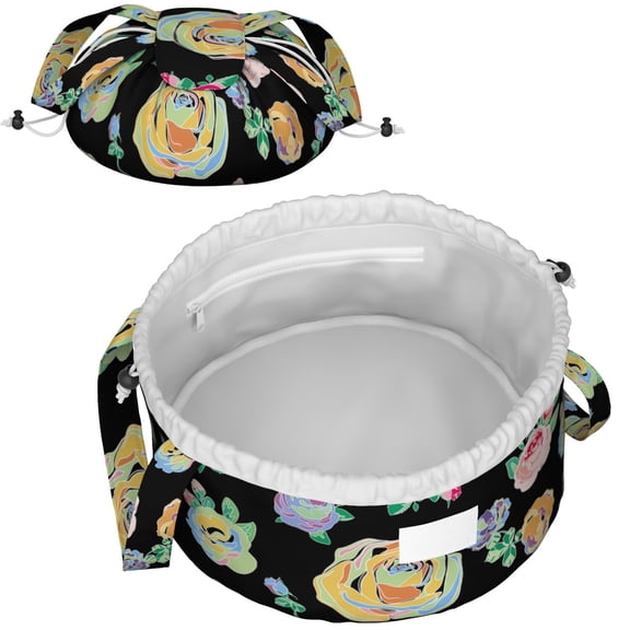 Beauty Lay Flat Makeup Bag - Large Floral Drawstring Travel Cosmetic Organizer, Lightweight Toiletry Bag with Zipper Pocket & Mesh Compartment, Storage Case Shower Bag for Women & Men Pratictal Gift