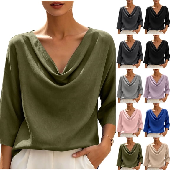 VBVC Women's Cowl Neck 3/4 Sleeve Blouse,Ladies Loose Fit Casual Tunic Tops,Elegant Work Office Shirts for Women,Army Green,S-2XL