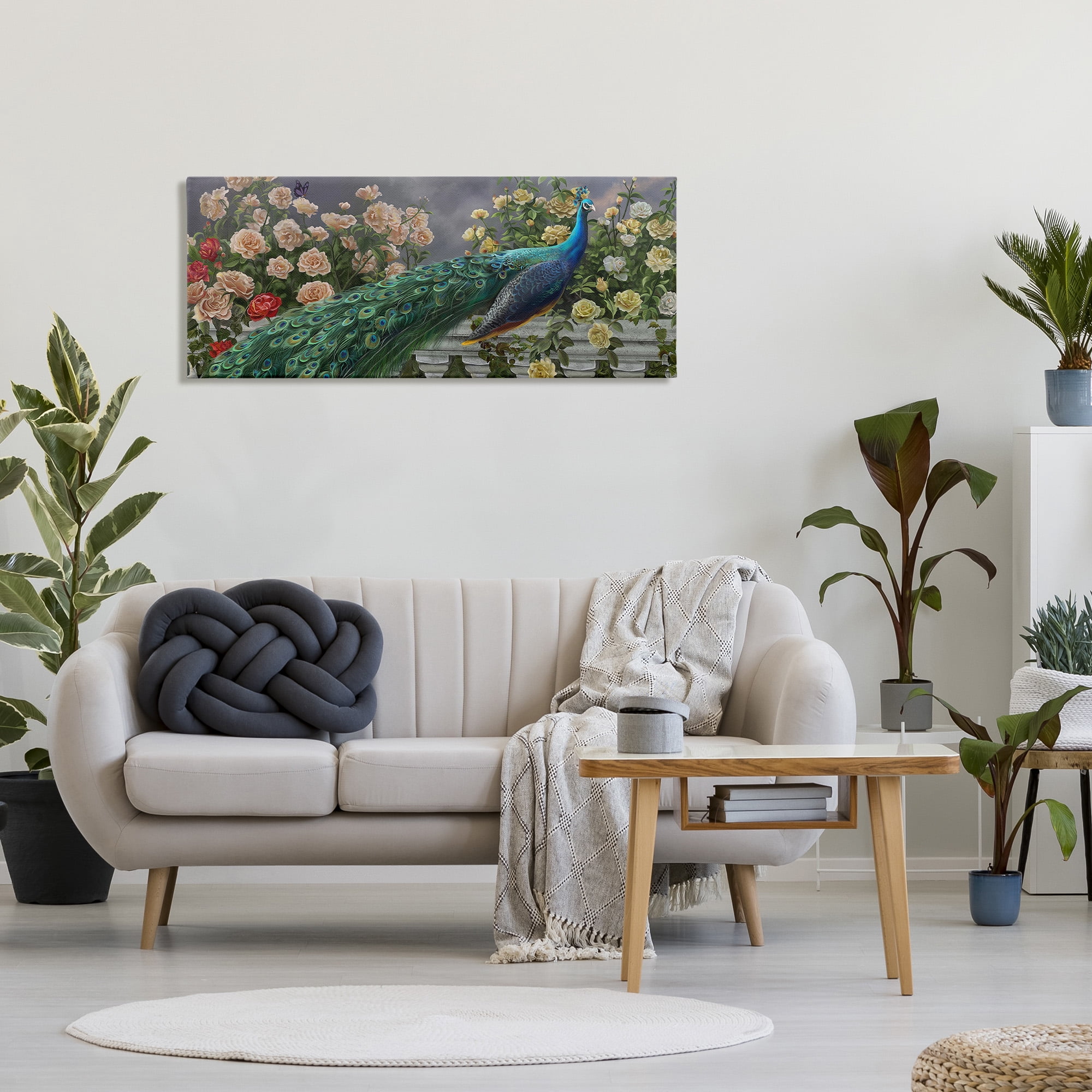 Stupell Industries Peacock & Cottage Blossoms Animals & Insects Painting Gallery Wrapped Canvas Art Print Wall Art, 48 x 20