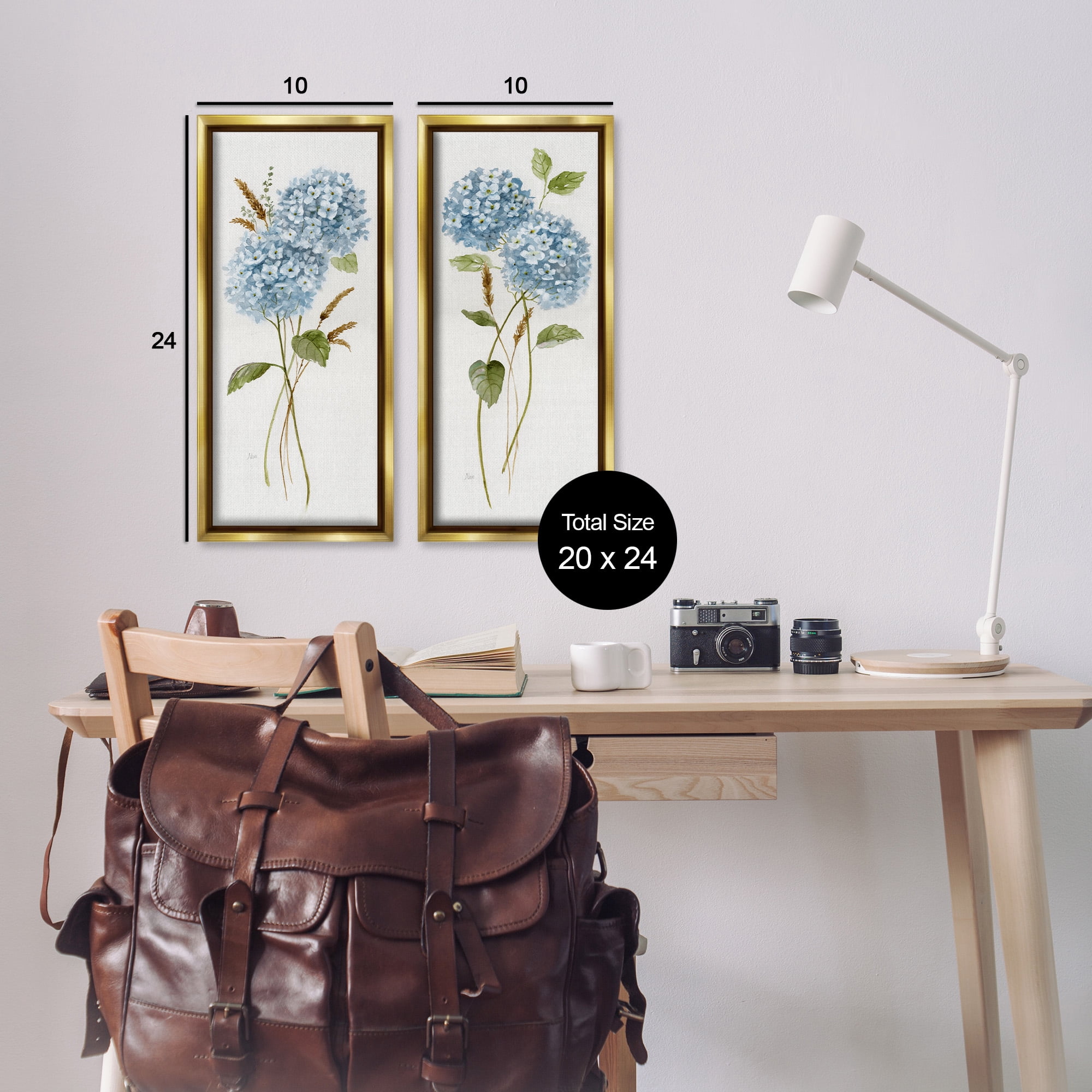 Stupell Industries Blue Hydrangea Long Stems Botanical & Floral Painting Gold Floater Framed Canvas Art Print Wall Art, 11 x 25, Set of 2