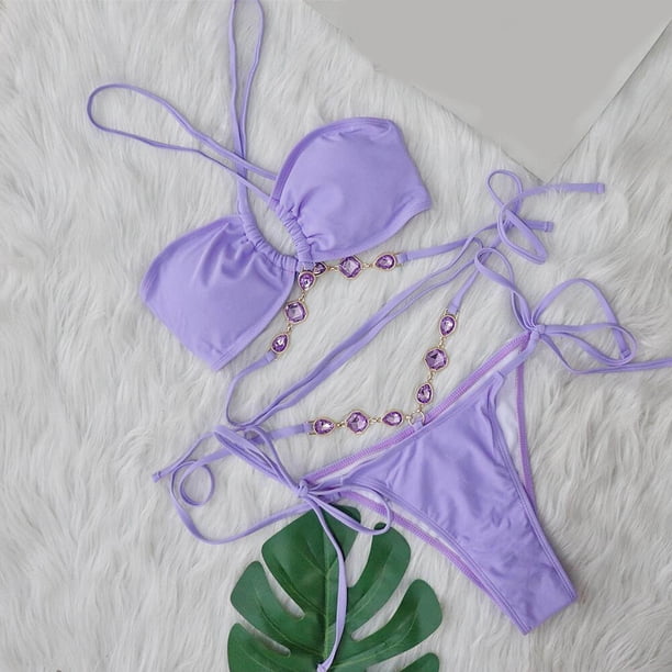 Trajes de baño Amzcrzy Tankini para mujer, trajes de baño, trajes de baño, bikini con control de abdomen, traje de baño de color sólido para mujer + bañador y bikini dividido de moda, morado, S