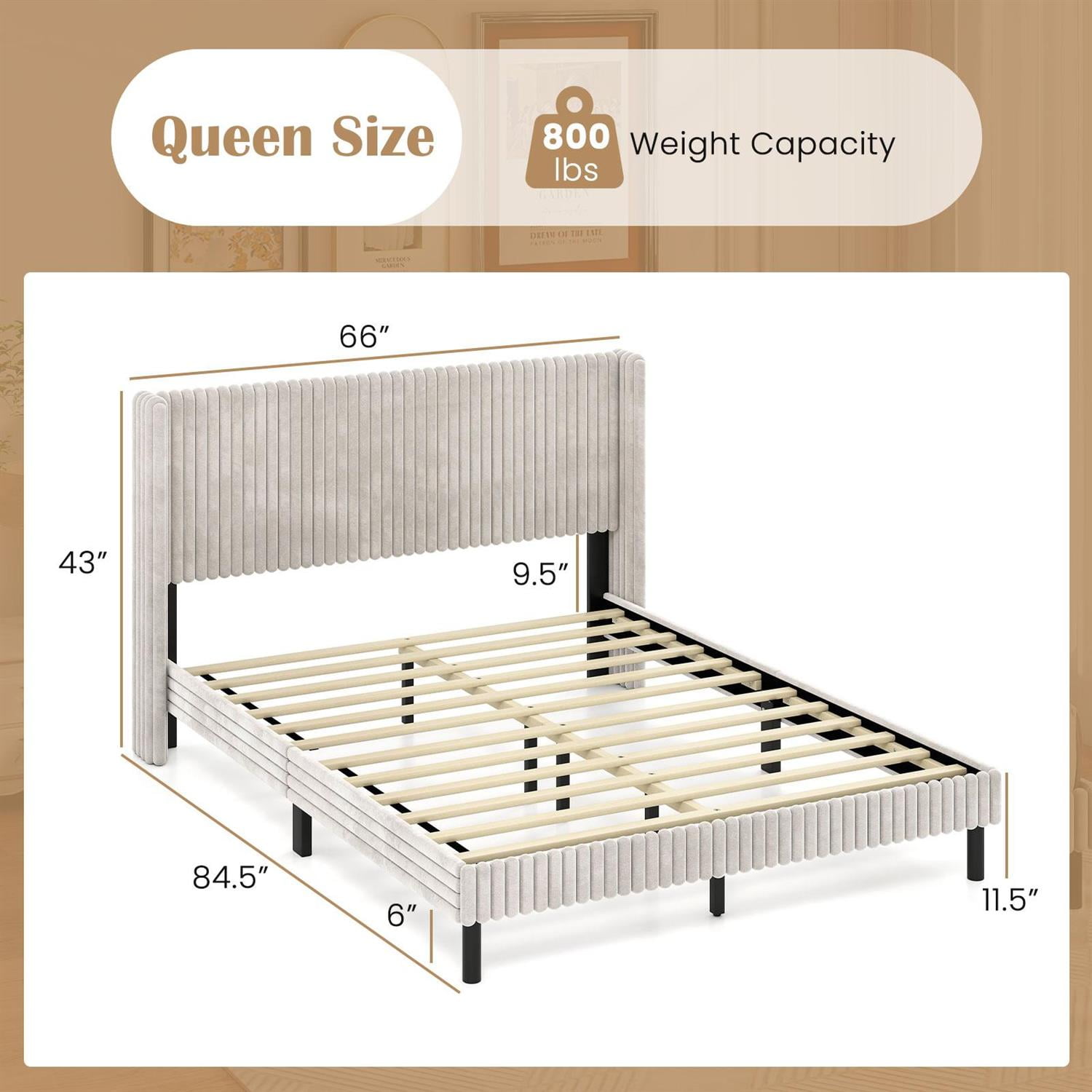 Spaco Queen Size Velvet Bed Frame, Vertical Channel Tufted Wingback Headboard, Plush Velvet & High-Density Foam, Rubber Wood Legs, White