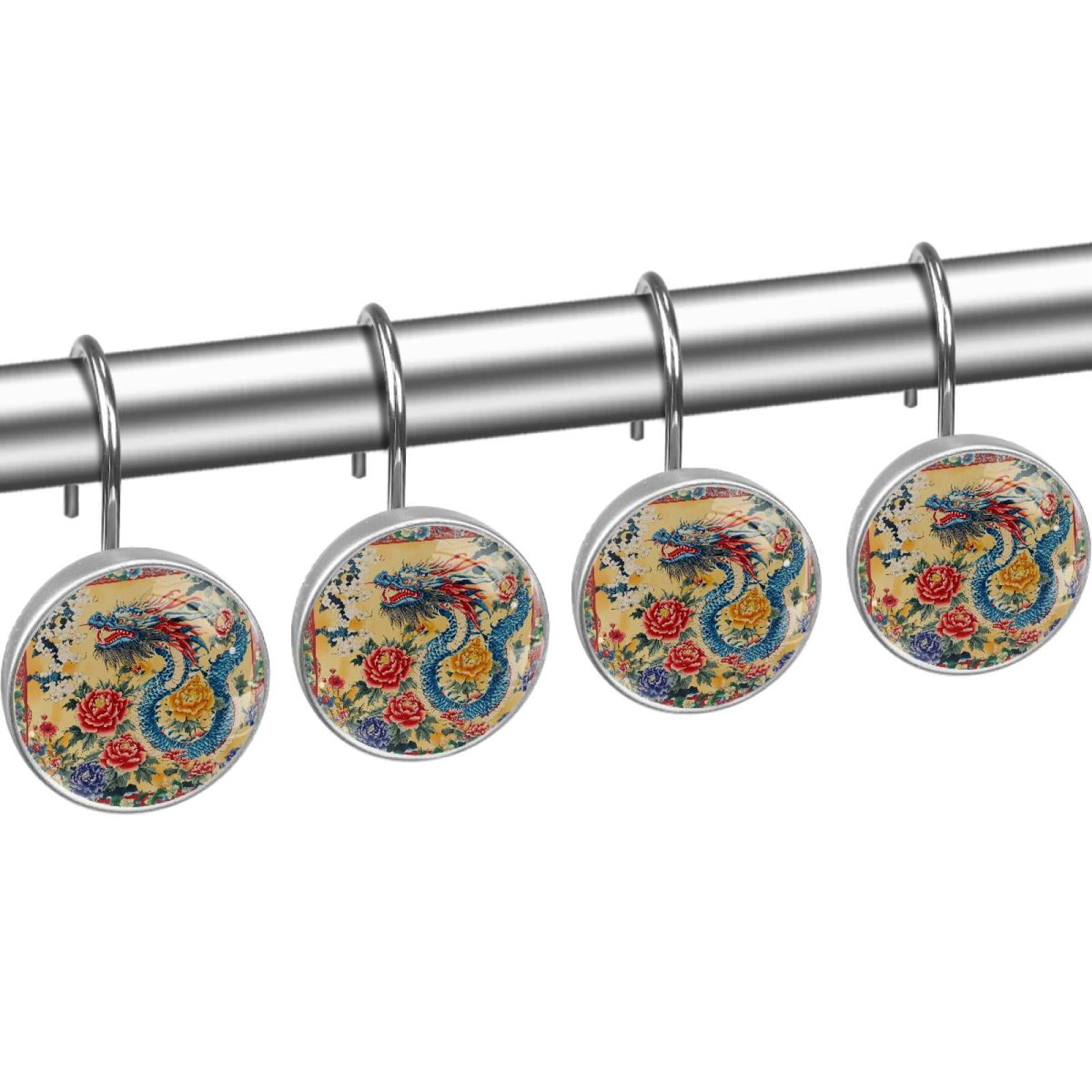 Blue Chinese Dragon Blossom Peony Shower Curtain Hooks Round Crystal Glass, Set of 12 Shower Curtain Rings - Shower Hooks for Curtain Shower Rings
