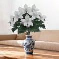 thumbnail image 4 of Silver Artificial Poinsettia Flowers Bouquet 11.02 Inch, Faux Metallic Silver Poinsettia Bush with 4 Heads, Christmas Flowers for Home Xmas Tree Garden Indoor Outdoor Holiday Decor, 4 of 5