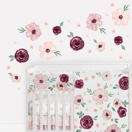 UPC: 0846480086086 | Watercolor Floral Burgundy Wine and Pink Wall Decal (Set of 4) by Sweet Jojo Designs