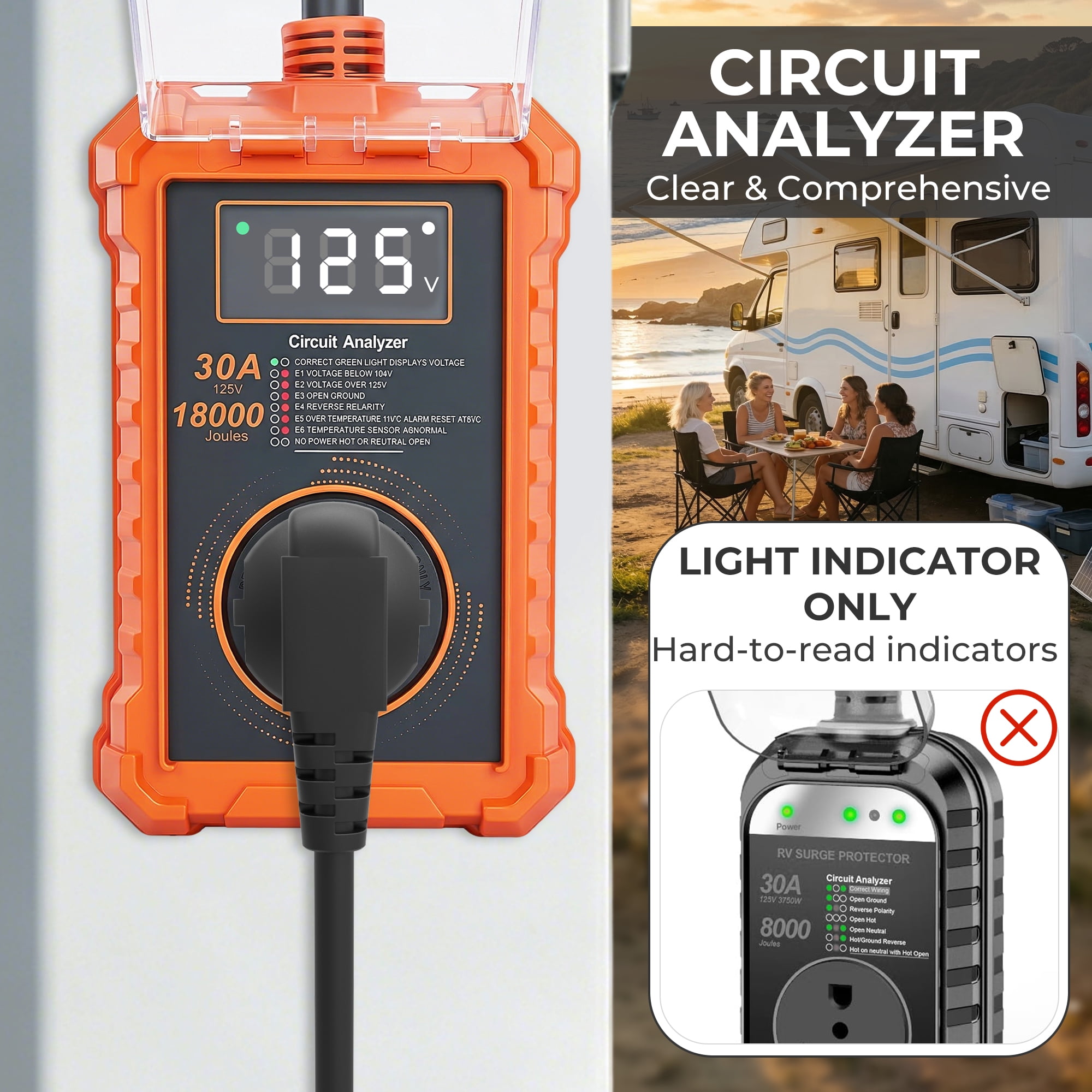 MORSUMA 30-Amp 18000-Joule RV Surge Protector with LED Display, Orange