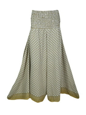Mogul Womens Palazzo Divided Skirt Printed Gypsy Vintage Recycled Silk Sari Smocked High Waist Split Skirts S/M