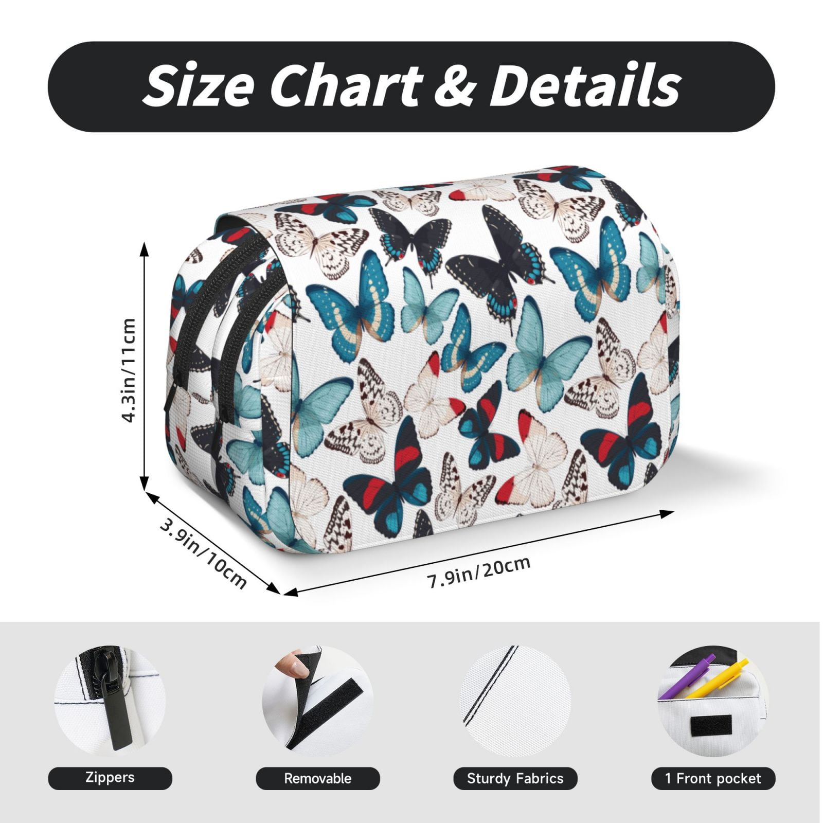 Rateoe Butterfly Pattern Double Clamshell Pen Case, Storage Organizer with Two Zipper Compartments– Holds Up to 50 Pencils & Pens