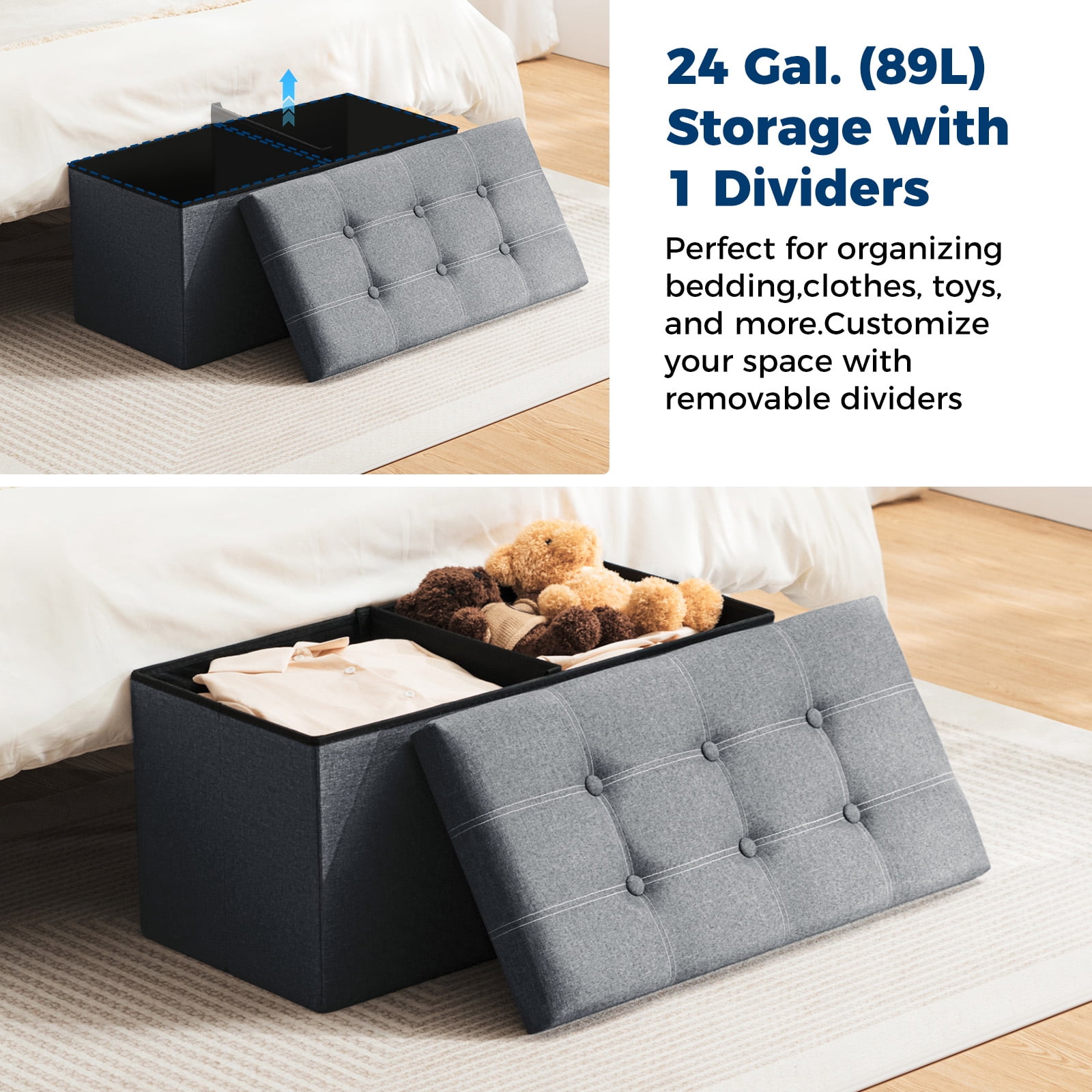Lusimo 30" Storage Ottoman Bench with Divider, Multifunctional Foot Stool, Toy Chest & Shoe Bench for Bedroom, Living Room, and Entryway, Foldable Storage Chest with Seating, Gray