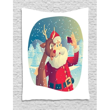 Santa Tapestry, Best Friends Taking a Funny Christmas Selfie with Cellphone in a Snowy Winter Forest, Wall Hanging for Bedroom Living Room Dorm Decor, 40W X 60L Inches, Multicolor, by