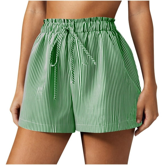 Olyvenn Shorts for Women Striped Elastic High Waisted Shorts Women Casual Trendy Summer Womens Shorts with Pockets Green L