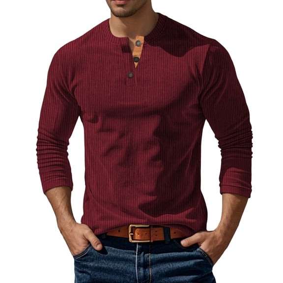 Mens T Shirt Long Sleeve Crew Neck Corduroy Henley Shirts Basic Red Shirts with Button Mens Fashion Clothing