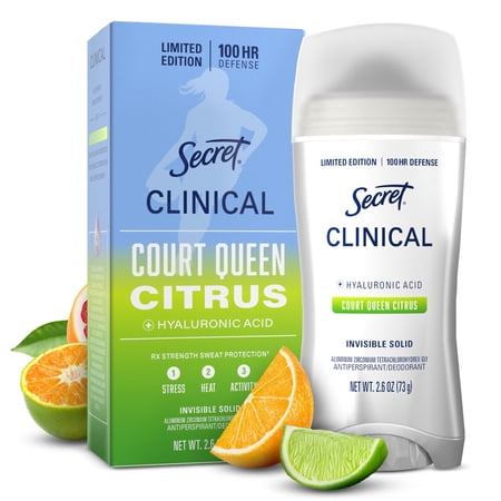 Secret Clinical Strength Hyaluronic Acid Antiperspirant Deodorant for Women Invisible Solid Court Queen Citrus 2.6 oz