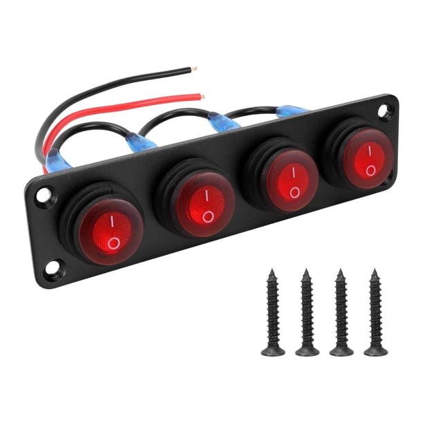 Panel de interruptores basculantes impermeable que reemplaza interruptor de encendido y apagado precableado. Panel de luz LED roja para camiones, 4 pandillas