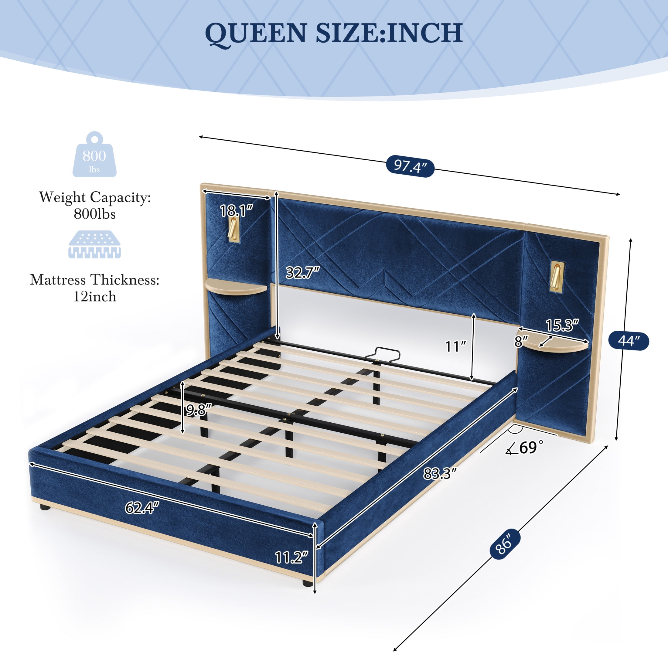 Christopher Knight Home Luxury Velvet Upholstered Queen Bed with Headboard, LED Lights, Storage Side Panels, Blue