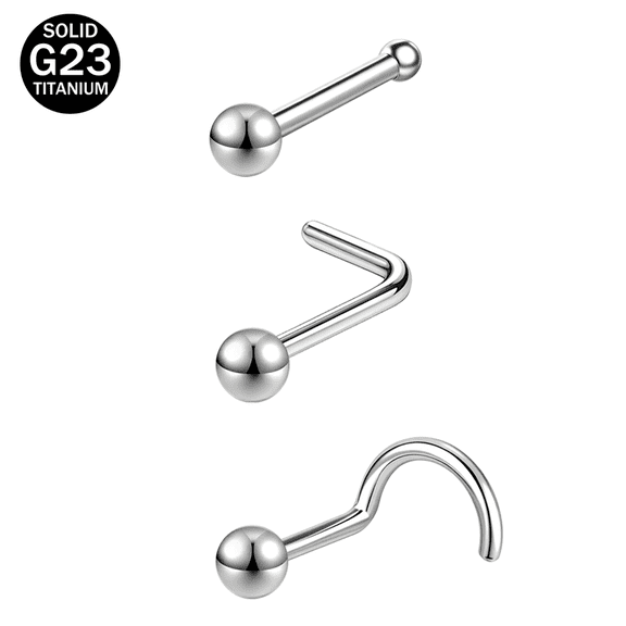 ZS 3 Pc 20G G23 Titanium Nose Studs I/L/S Shaped Nostril Piercing Body Jewelry