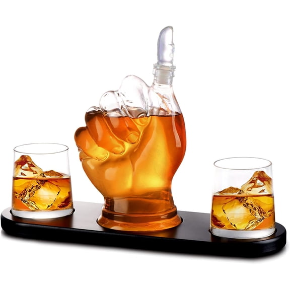 Thumbs Up Whiskey Decanter Set - with Two 10 oz Whisky Glasses - on Rich Wood Mahogany Base Tray - Business Gift Set - Whiskey/Wine Dispenser for Liquor, Scotch, Bourbon, Vodka - 32oz - Bezrat