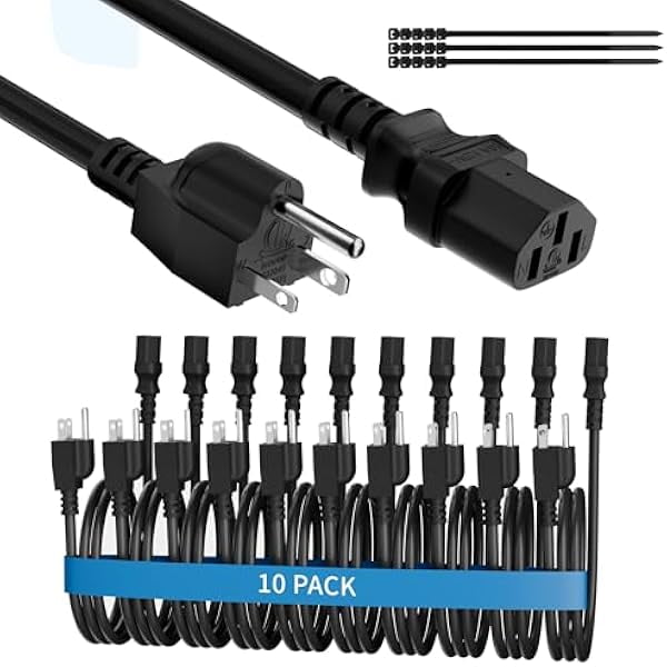 Chenchen Computer TV Monitor Replacement Power Cord 1 Ft/10 Pack, 3-Prong AC Universal Power Supply Cable 5-15P to IEC 320 C13 C14, SJT 18AWG 10A/125V for Treadmill Printer,PC,Desktop+Ties-ETL-White