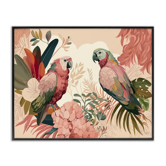 Stupell Industries Contemporary Pink Parrots & Leaves Black Framed Giclee Art, 14 x 11, by Fab Funky