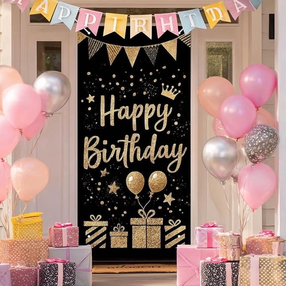 Happy Birthday Door Cover Black Gold Glitter Gifts for Front Door Birthday Porch Banner Party Decoration Elegant Welcome Sign Indoor Decoration