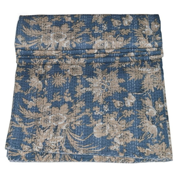 Indian Kantha Quilt Gray Floral Print 100% Cotton Kantha Throw Kantha Blanket Handmade Quilt Double Size Kantha Bedspread Vintage Gudri