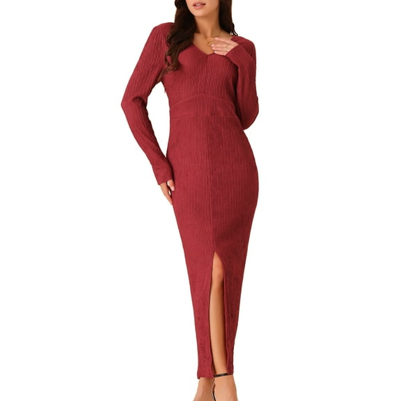 DARING DIVA Long Sleeve V Neck Slit Hem Maxi Cocktail Dress S Wine Red