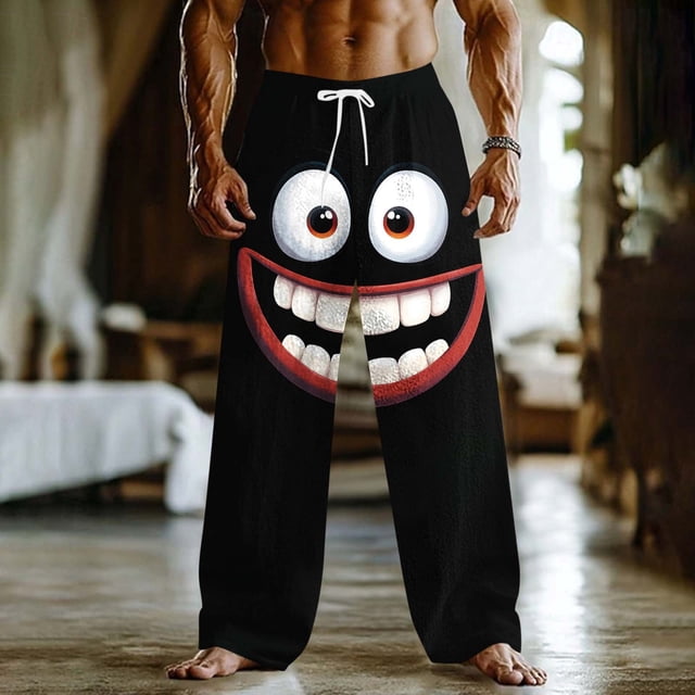 Ceisia Men's Loose Straight Leg Casual Pants Grinning Cartoon Face Print Elastic Drawstring Waist Multi-Color Beach Vacation Pants Multicolor XXXXXL Gifts