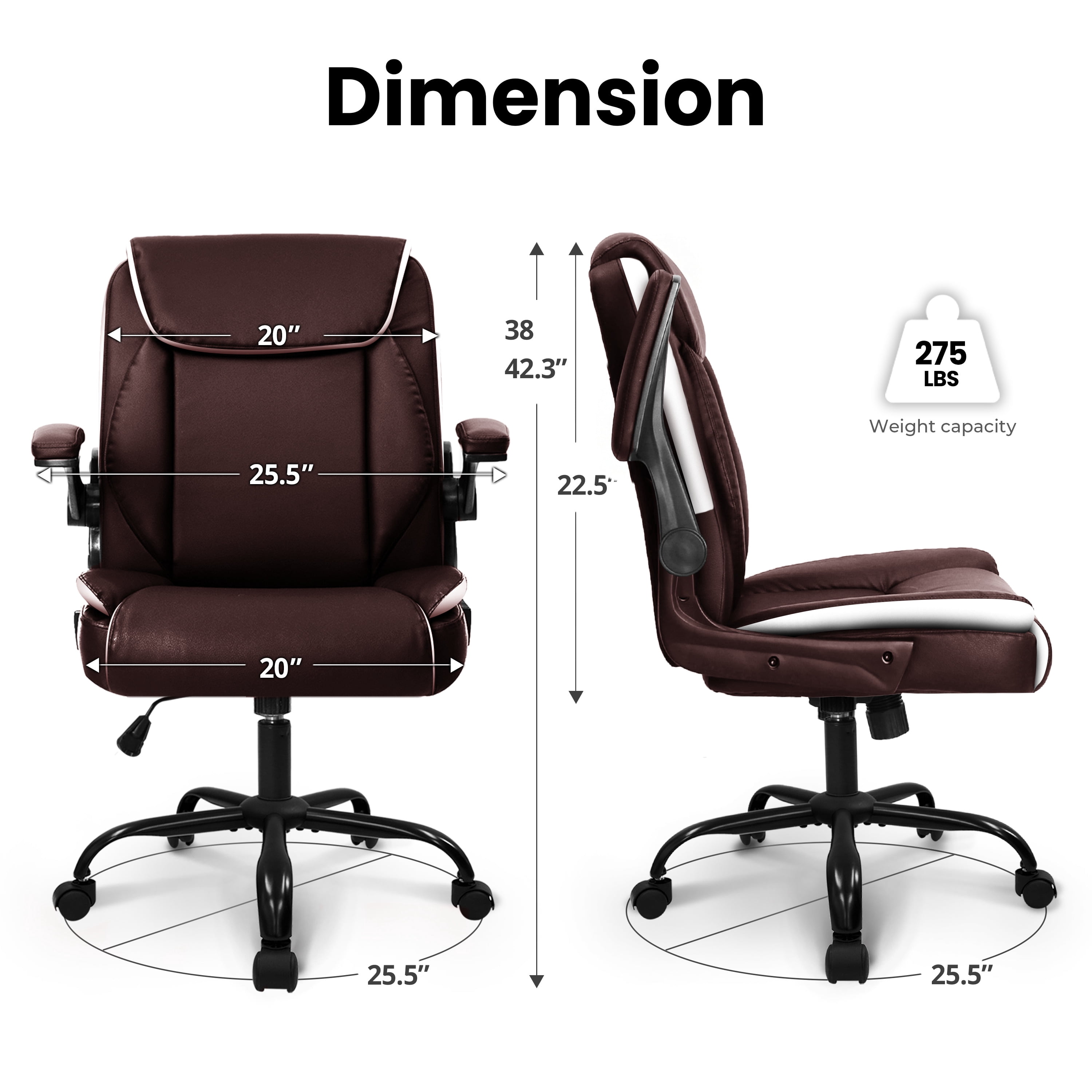 NEO CHAIR Desk Office Gaming Computer Chair Ergonomic Executive Mid-Back Leather with Adjustable Padded Flip-Up Armrests Cushion Wheels Swivel for Home Study Task (Brown)