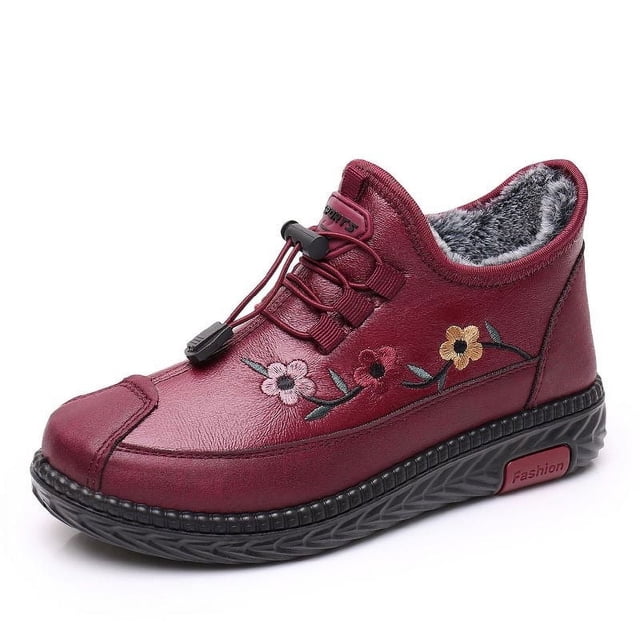 Botas de algodón con forro polar de invierno para mujer de Beijing antiguo, botas de nieve impermeables de cuero con fondo suave y antideslizante para mujeres de mediana edad y mayores