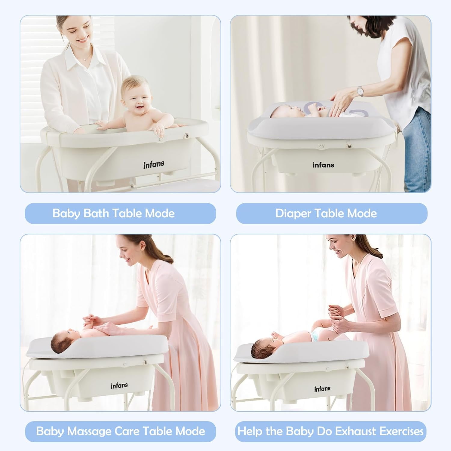 INFANS 2 in 1 Baby Changing Table with Bath Tub Unit, Folding Diaper Dresser Station with Wheels Waterproof Pad Storage Rack, Portable Nursery Organizer Stand for Newborn Infant (White)