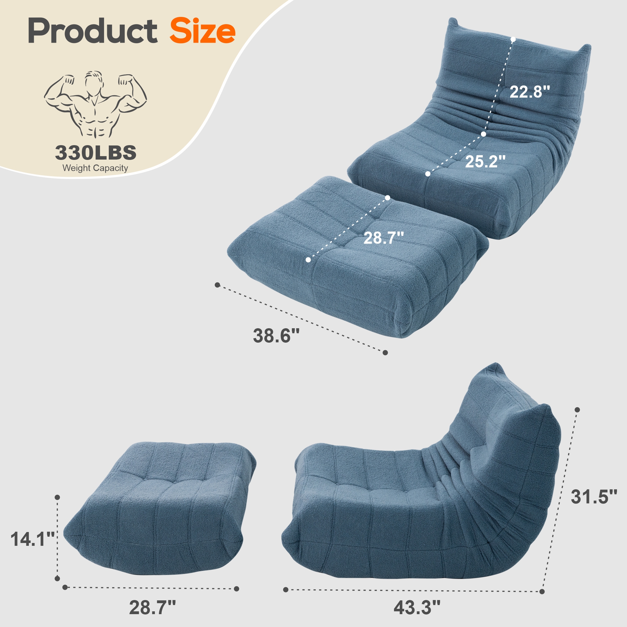 Evita Teddy Fabric Blue Gray Bean Bag Chair with Ottoman, Memory Foam Lounge Chair for Adults, Ergonomic Floor Seating Sofa for Living Room or Bedroom