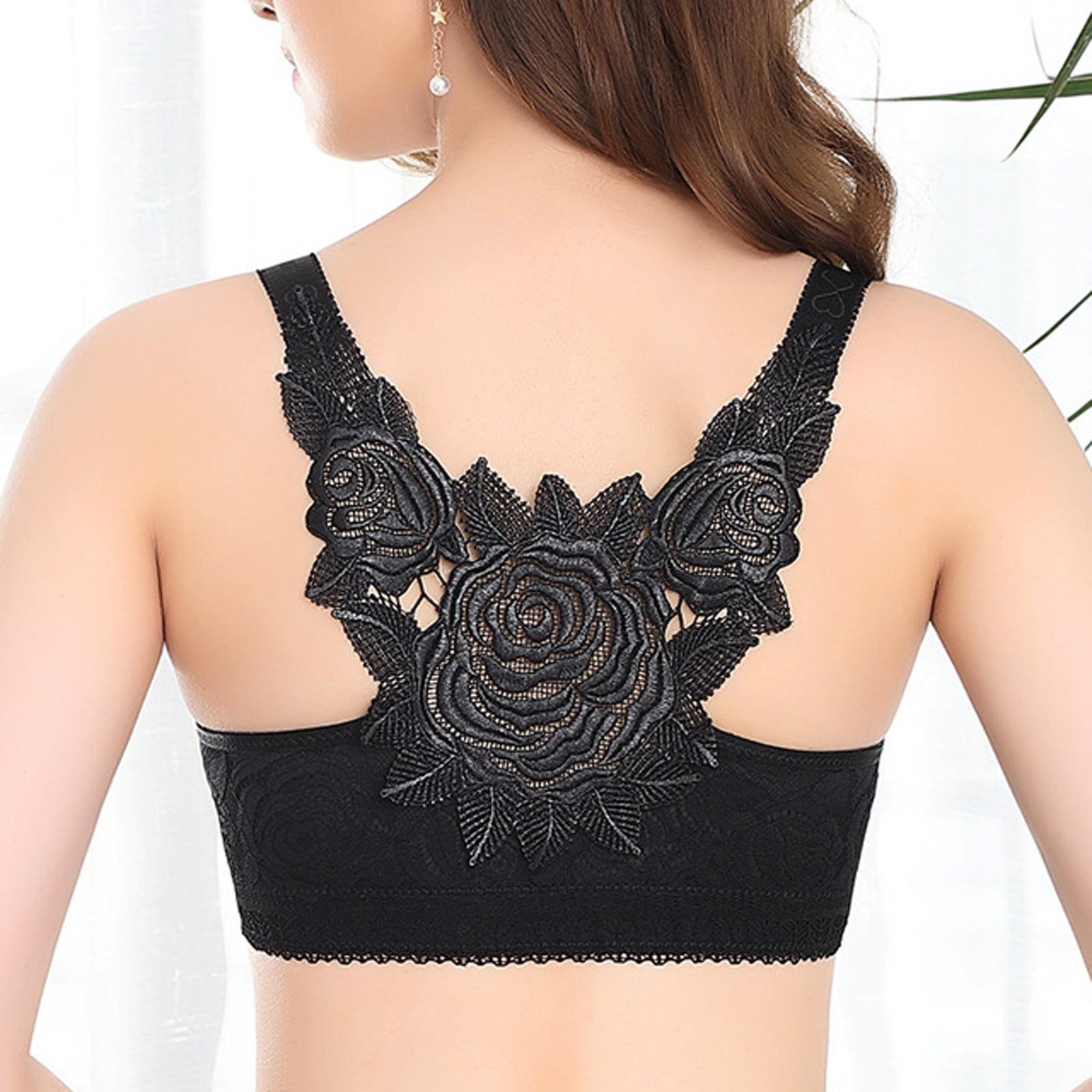 YWDJ Everyday Bras for Women Push Up No Underwire Front Closure Front Clip  Zip Front Front Snap Front Hook Front Close for Sagging Breasts Hollow Out  Fashion Rose Beauty Back Free Underwear Black L 