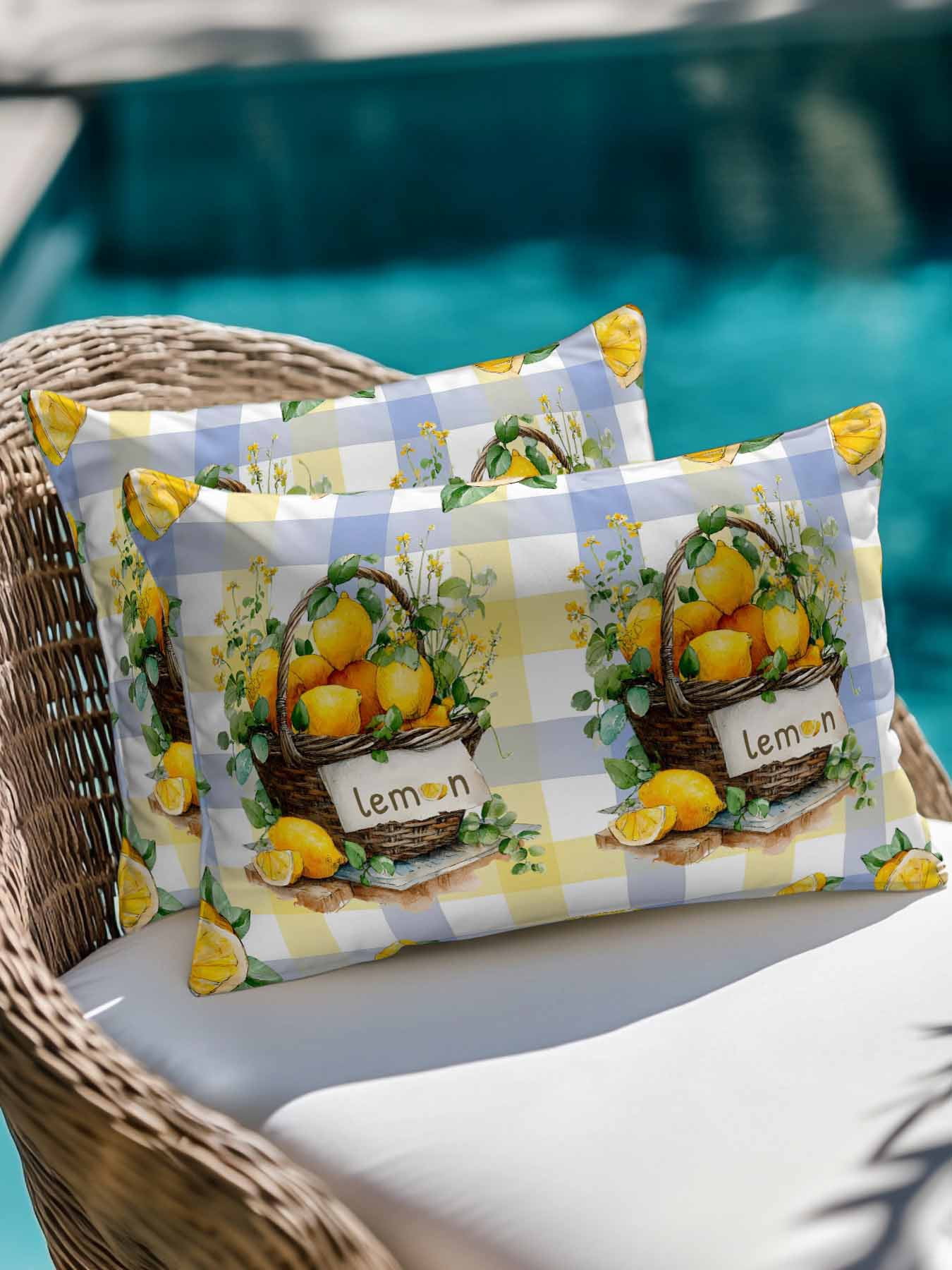 1 Pack Outdoor Pillows Waterproof, Lemon Basket Summer Indoor/Outdoor Throw Pillows with Inserts, Eucalyptus Blue Yellow Plaid Decorative Pillow for Patio Furniture Chairs Couch