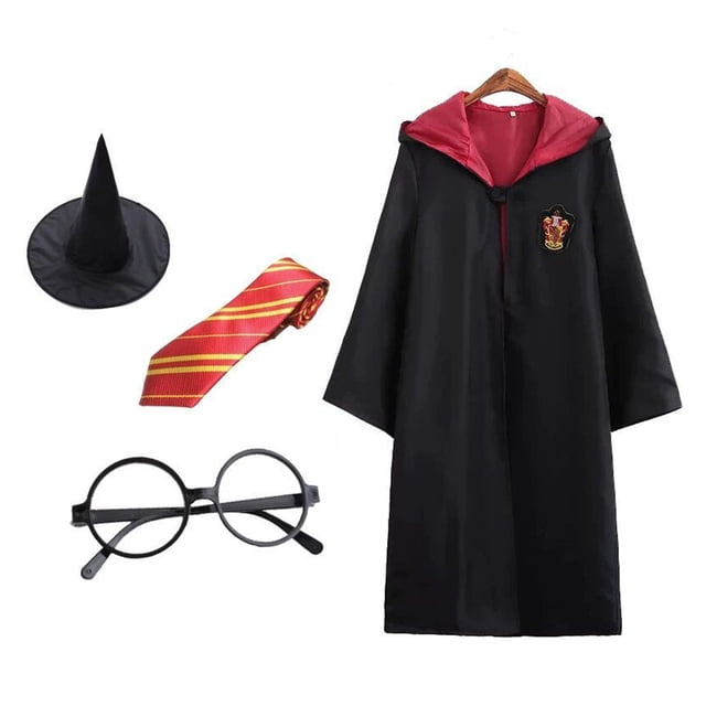 (Producto Combinado) Disfraz Bata Mágica Cos Traje Ropa Con Capucha Capa Halloween Bata Periférica para + Corbata + Sombrero + Gafas (rojo XL)