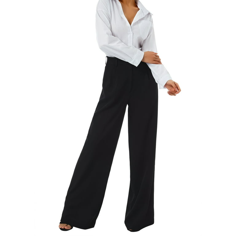 Cathalem Womens Casual Pants Linen Women's Belt Less High Waisted Wide Leg  Trousers Straight Leg Casual Pant Suits for Women Pants Black Large 