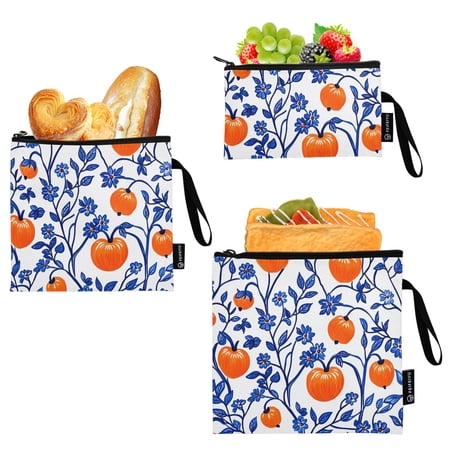 Dailycode Reusable Ziploc Bags Leakproof Sandwich Snack Freezer Bags Orange Persimmons Blue Vines 3 pack