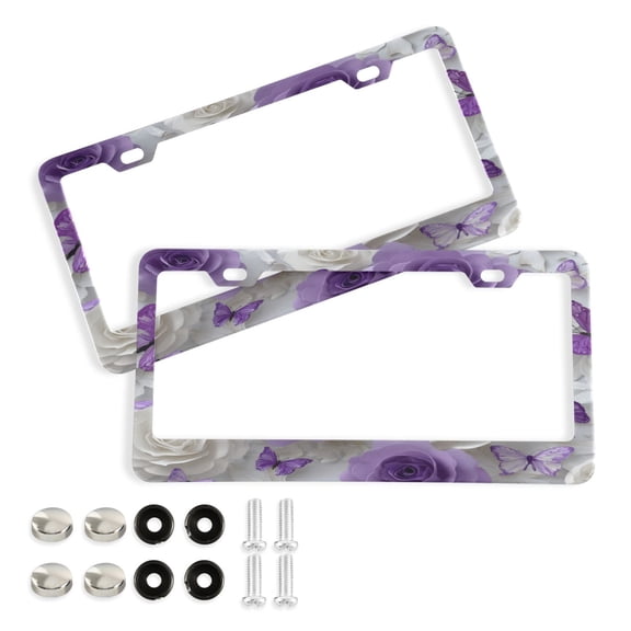 2-Pack Aluminum License Plate Frame with 2 Holes for GM License Plate Cover with Free Screws Purple Butterflies and White Roses
