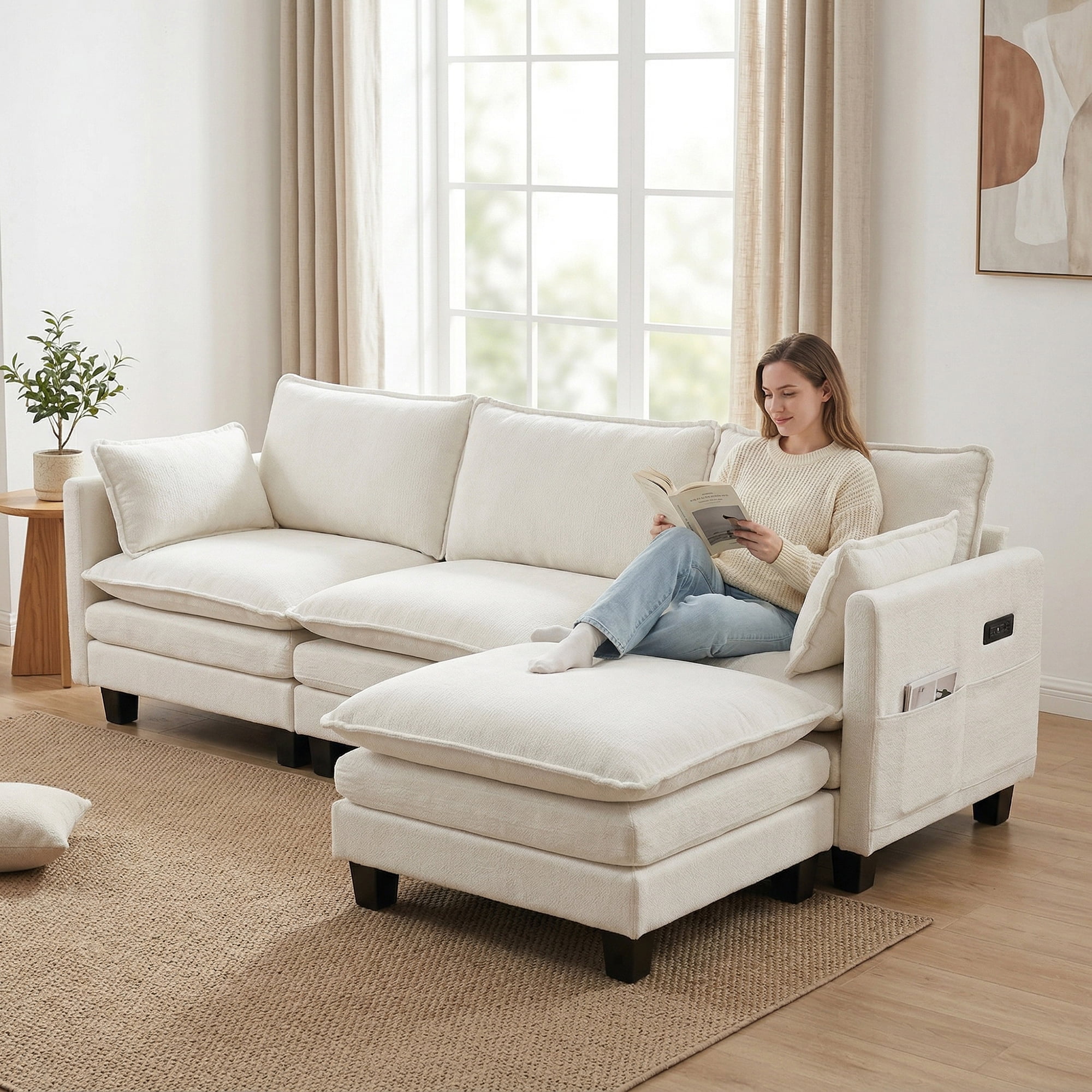 Modern 110"W Chenille L-Shape Sectional Sofa Set,3-Seat Sofa Couch + Ottoman, USB Port, Side Pocket