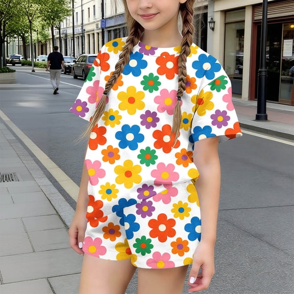 Amidoa Girls Summer 2 Piece Outfits Cute Floral Short Sleeve and Elastic Waist Shorts Kids Clothing Set White Size White Size 12