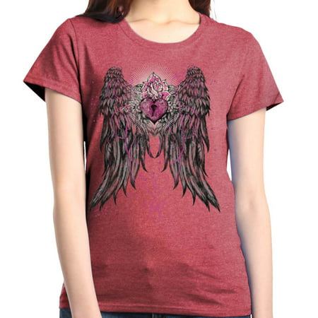 Shop4Ever Women's Angel Wings Keyhole Pink Heart Mystical Graphic T-Shirt