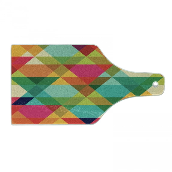 Geometric Cutting Board, Abstract Geometric Pattern Vintage Inspired Retro Colors Old Style Graphic Art, Tempered Glass Cutting and Serving Board, Wine Bottle Shape, Multicolor, by Ambesonne